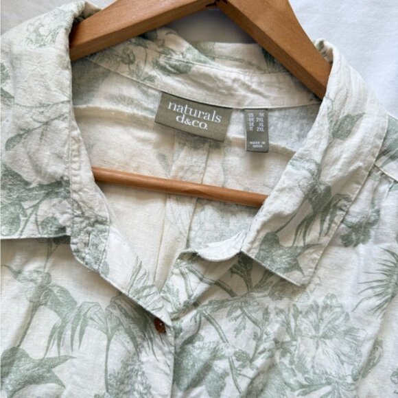 🌿 Naturals D&Co Linen Blend Botanical Print Button Down Top Ruffle Sleeve 1X 🌿 - Picture 10 of 10